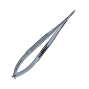 Castroviejo Needle Holder Extra Delicate Straight With Lock, 10.5mm Smooth Jaws, Extra Delicate 1.2mm Tips, And An Overall Length Of 5 1/2: (140mm), On A Flat Serrated Spring Handle 